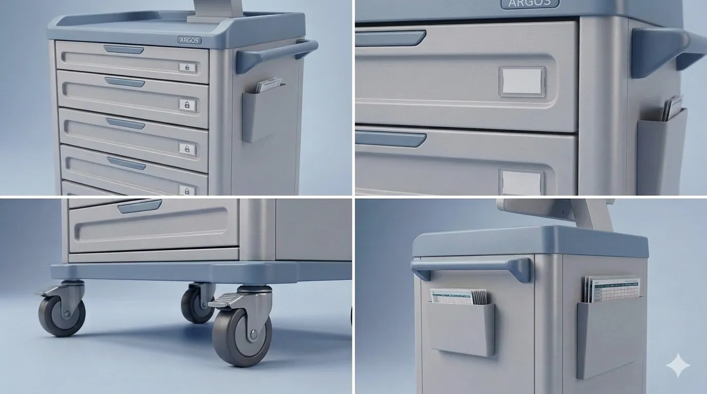 Detalles de construcción del carro médico Argos incluyendo cerraduras, contenedores y ruedas