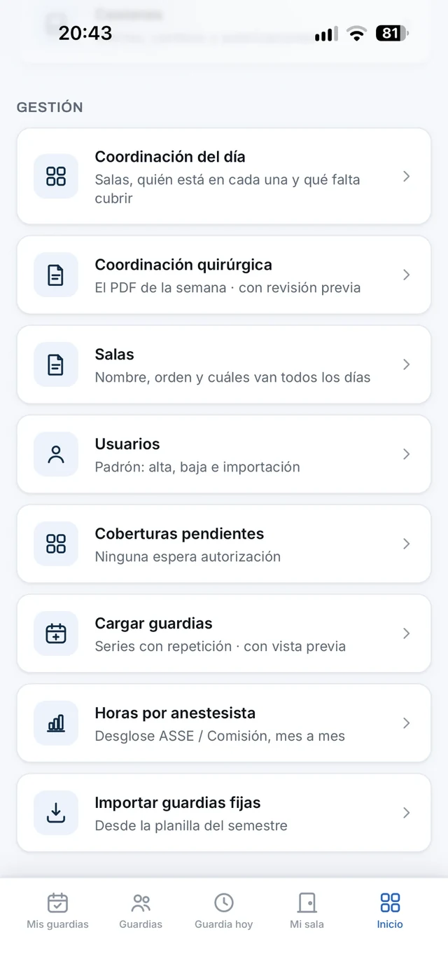 Panel de gestión de Coordia con coordinación, salas y usuarios