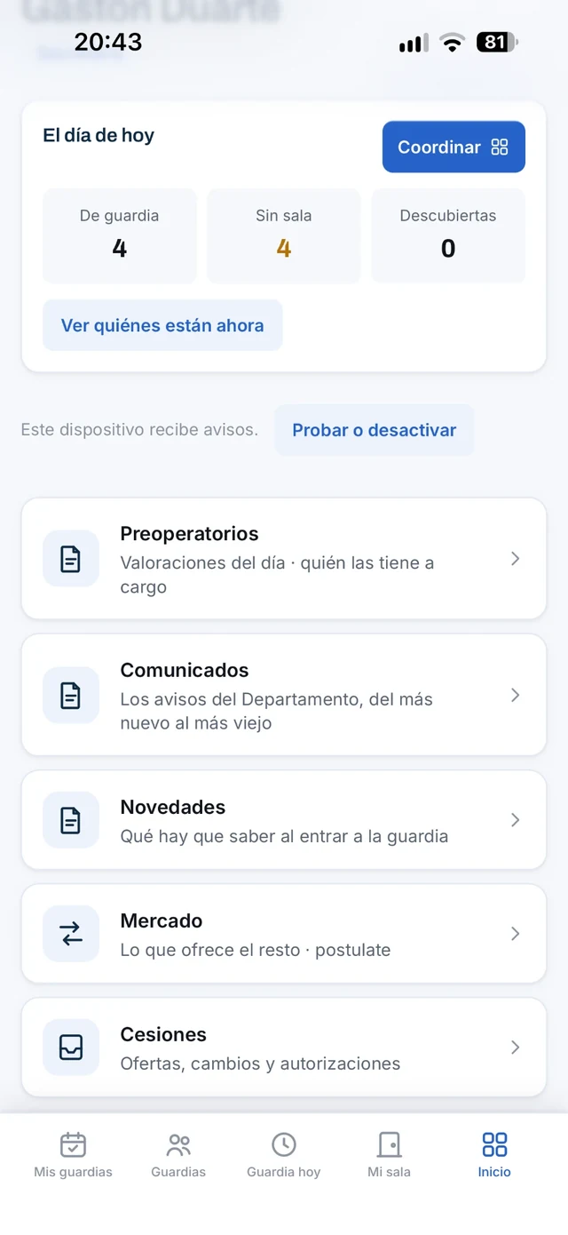 Pantalla de inicio de Coordia con el resumen del día